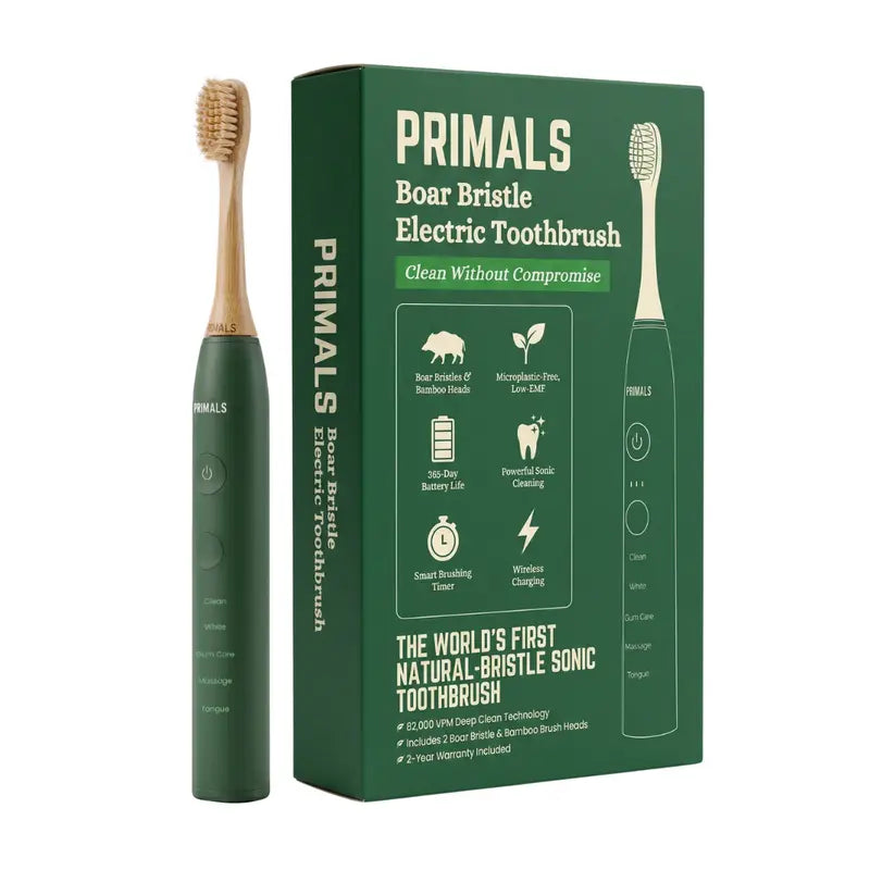 PRIMALS Boar Bristle Electric Toothbrush - Bamboo Heads, No Microplastics, Low EMF Sonic Technology, Includes 2 Replacement Heads and Wireless Charging Port