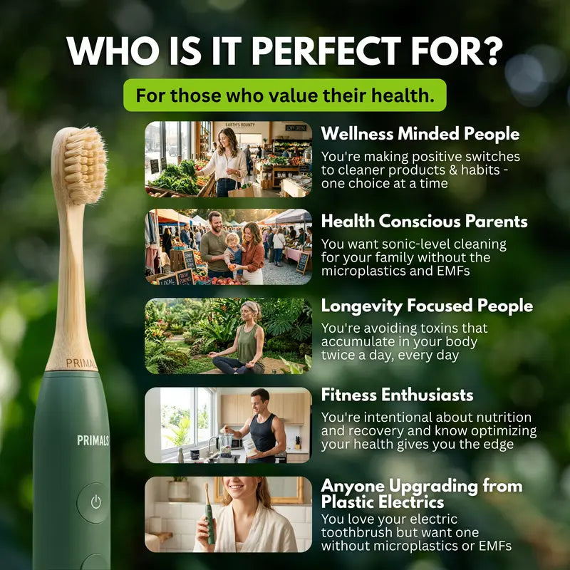 PRIMALS Boar Bristle Electric Toothbrush - Bamboo Heads, No Microplastics, Low EMF Sonic Technology, Includes 2 Replacement Heads and Wireless Charging Port