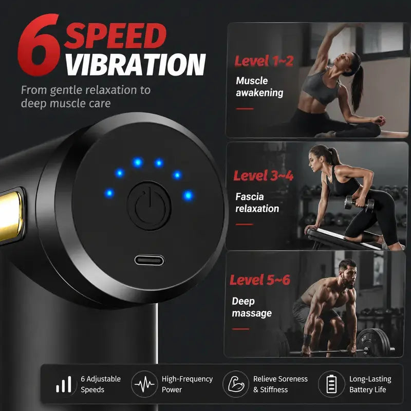 Multifunctional Massage Gun - Home Portable USB Rechargeable Adjustable Relaxing Massager, 6-Speed, 4 Replaceable Heads, Ultra-Quiet Brushless Motor, ABS Plastic, for Muscle Relief, Self Care Gadgets, Gift for Him/Boyfriend (Birthday/Cool Option)