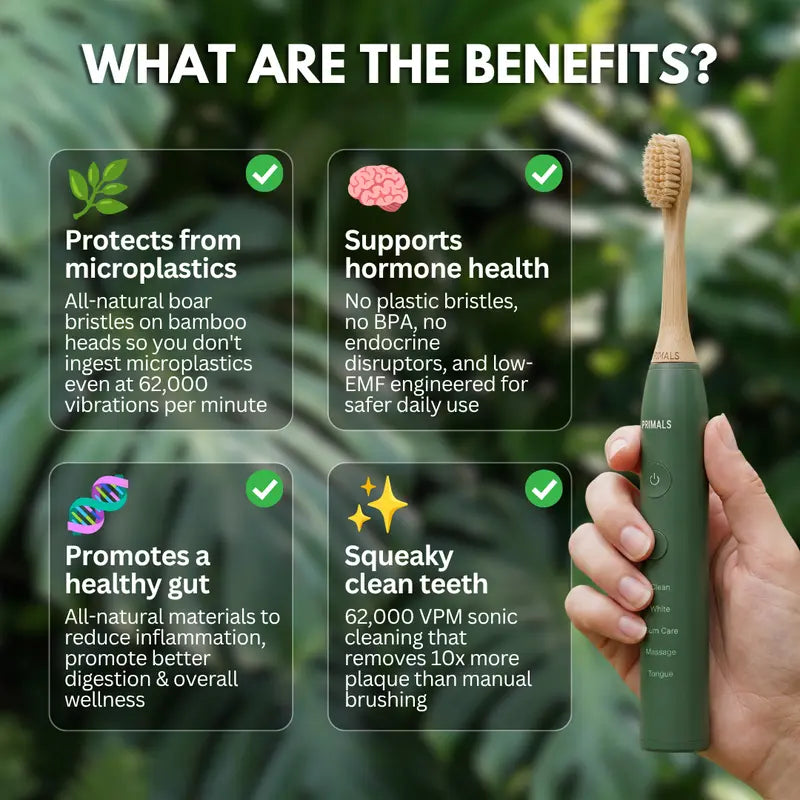 PRIMALS Boar Bristle Electric Toothbrush - Bamboo Heads, No Microplastics, Low EMF Sonic Technology, Includes 2 Replacement Heads and Wireless Charging Port
