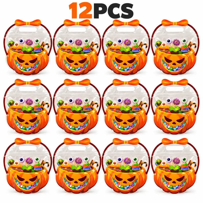 Spooktacular 12-Pack Halloween Treat Bags - Colorful Plastic Goodie Bags with Handles for Festive Gifting