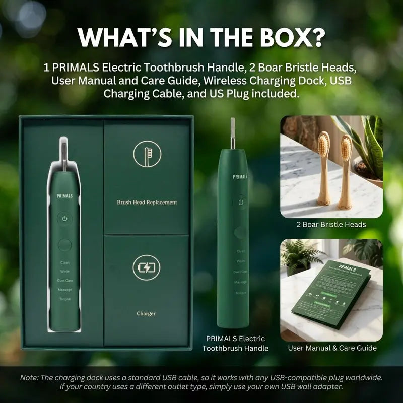 PRIMALS Boar Bristle Electric Toothbrush - Bamboo Heads, No Microplastics, Low EMF Sonic Technology, Includes 2 Replacement Heads and Wireless Charging Port